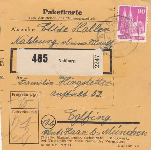 BiZone Paketkarte 1948: Nabburg nach Eglfing b.München