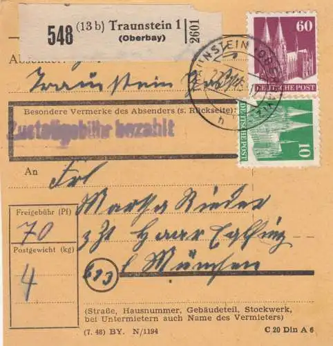 BiZone Paketkarte 1948: Traunstein (Oberbay.) nach Haar Eglfing