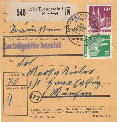 Carte de paquet BiZone 1948: Traunstein (Hauptbay.) selon Haar Eglfing