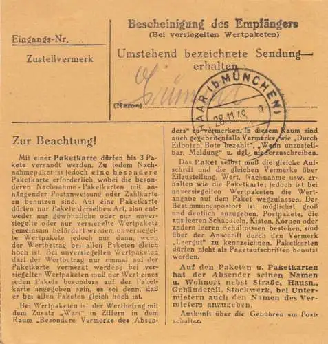 BiZone Paketkarte 1948: Traunstein (Oberbay.) nach Haar Eglfing