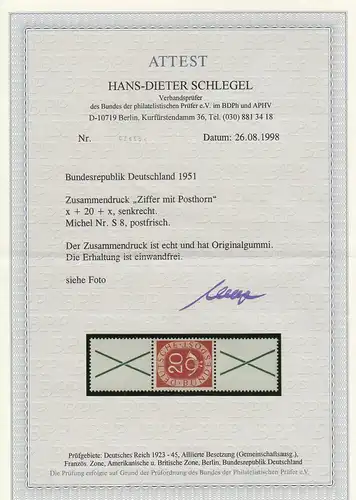 Bund: MiNr. S8, postfrisch ** Posthorn, BPP Attest