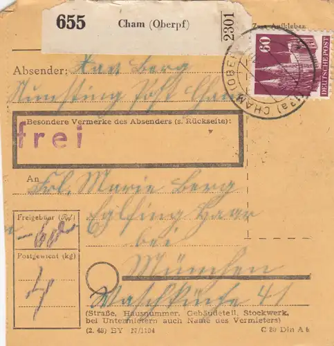 Carte de paquet BiZone 1948: Cham après Eglfing Haar à Munich