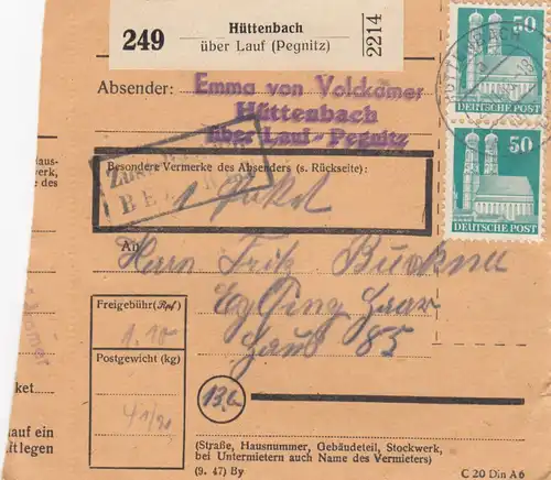 Carte de paquet BiZone 1948: Hüttenbach vers Eglfing
