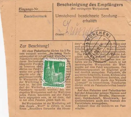 Carte de paquet BiZone 1948: Hüttenbach vers Eglfing