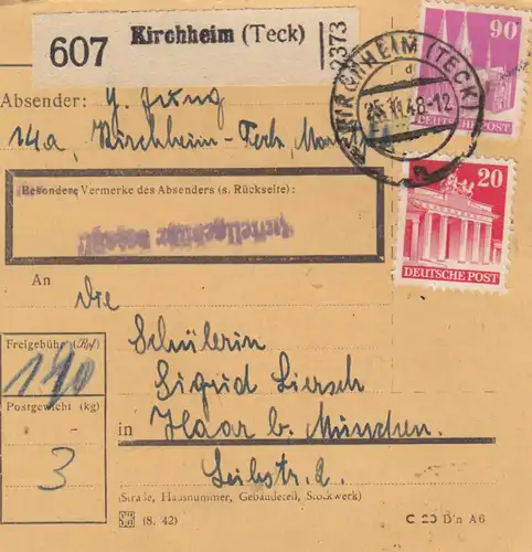 Carte de paquet BiZone 1948: Kirchheim (Teck) par Haar b. Munich