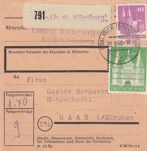 BiZone Paketkarte 1948: Roth bei Nürnberg nach Haar