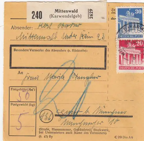 Carte de paquet BiZone 1948: Mittenwald (Karwendelgeb.) par cheveux, supplément