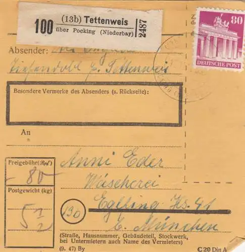 BiZone Paketkarte 1948: Tettenweis nach Eglfing, Wäscherei
