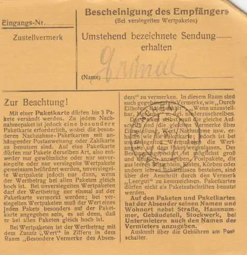 BiZone Paketkarte 1948: Tettenweis nach Eglfing, Wäscherei