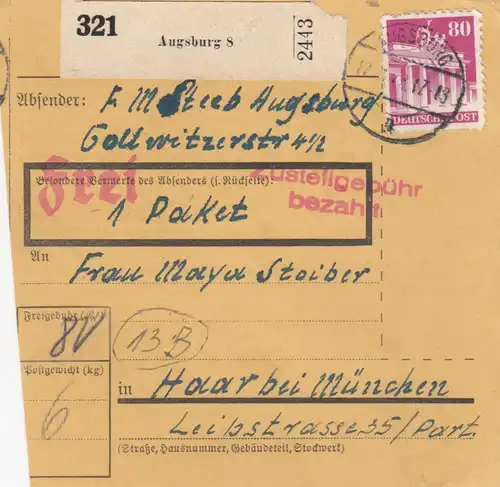 BiZone Paketkarte 1948: Augsburg nach Haar bei München