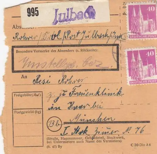 BiZone Paketkarte 1948: Julbach nach Haar, Frauenklinik