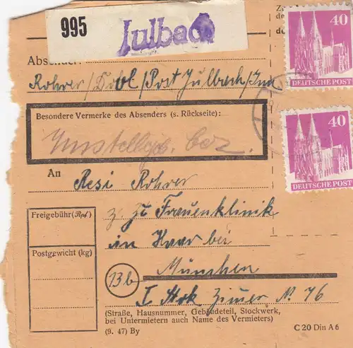 Carte de paquet BiZone 1948: Julbach après les cheveux, clinique pour femmes