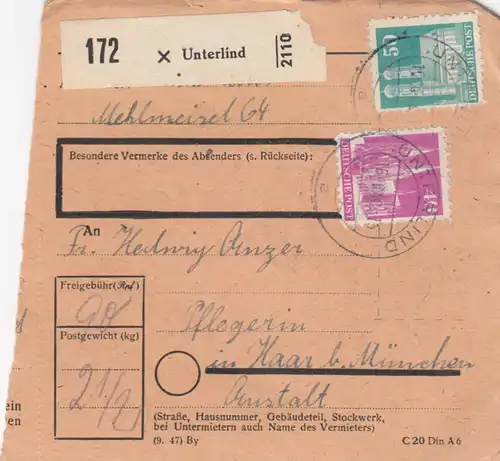 BiZone Paketkarte 1948: Unterlind nach Haar, Pflegerin