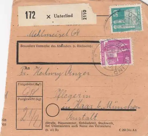BiZone Paketkarte 1948: Unterlind nach Haar, Pflegerin
