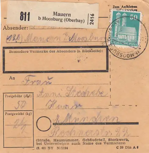 BiZone Paketkarte 1948: Mauern nach Haar bei München