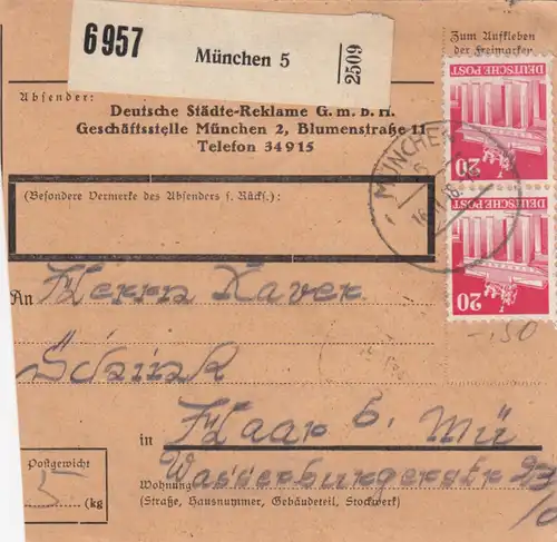 BiZone Paketkarte 1948: München nach Haar b. München, Selbstbucherkarte