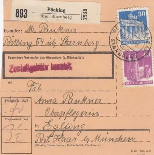 BiZone Paketkarte 1948: Pöcking nach Starnberg, Oberpflegerin