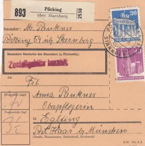 Carte de paquet BiZone 1948: Pöcking vers Starnberg, Chef de la maintenance