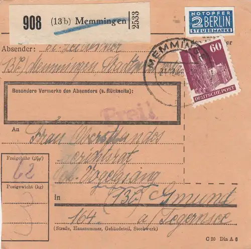Carte de paquet BiZone 1948: Memmingen d'après Gmund a. Tegernsee