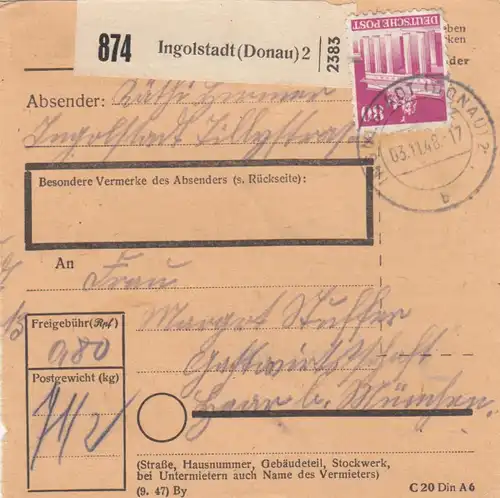 BiZone Paketkarte 1948: Ingolstadt nach Haar
