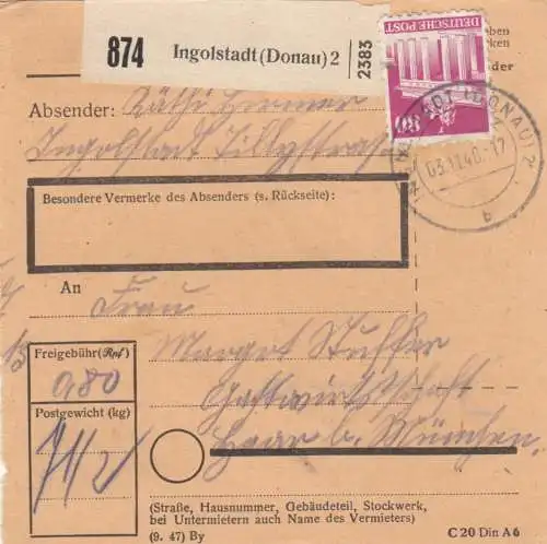 BiZone Paketkarte 1948: Ingolstadt nach Haar