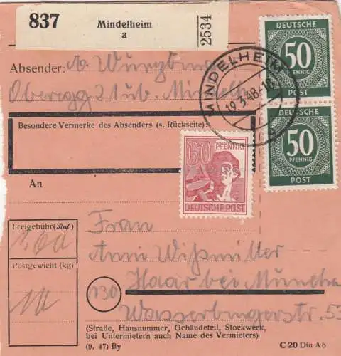 Paketkarte 1948: Mindelheim nach Haar bei München