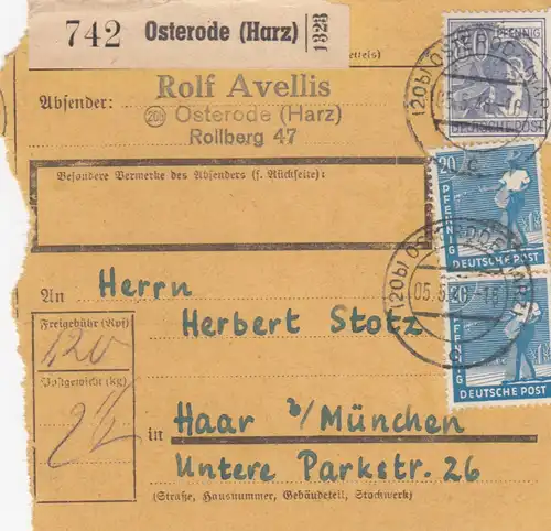 Paketkarte 1948: Osterode nach Haar bei München
