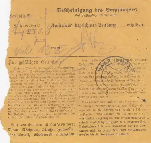 Carte de paquet 1948: Pâques après Haar près de Munich