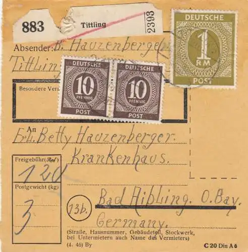 Paketkarte 1948: Tittling nach Bad Aibling