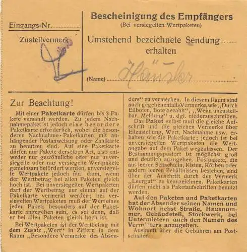 Paketkarte 1948: Tittling nach Bad Aibling