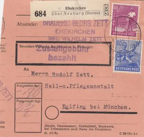 Paketkarte 1948: Ehekirchen nach Eglfing, Heil- und Pflegeanstalt