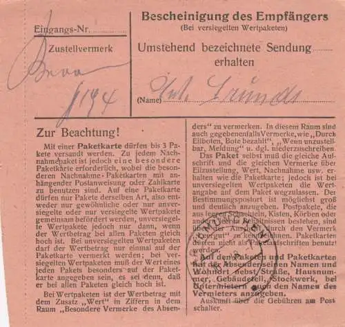 Paketkarte 1948: Ehekirchen nach Eglfing, Heil- und Pflegeanstalt