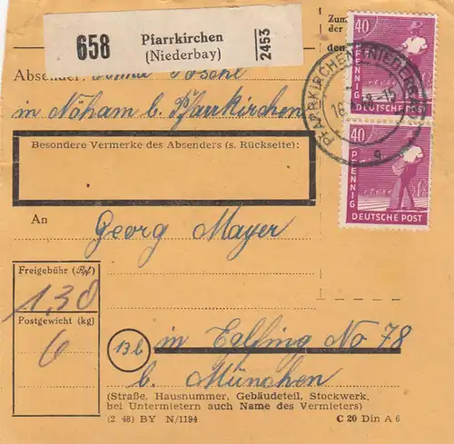 Paketkarte 1948: Pfarrkirchen nach Eglfing nach München