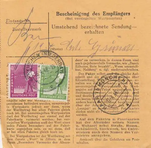 Paketkarte 1948: Pfarrkirchen nach Eglfing nach München