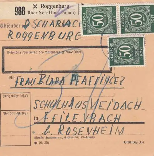 Carte de paquet 1947: Periderburg vers Feilnbach