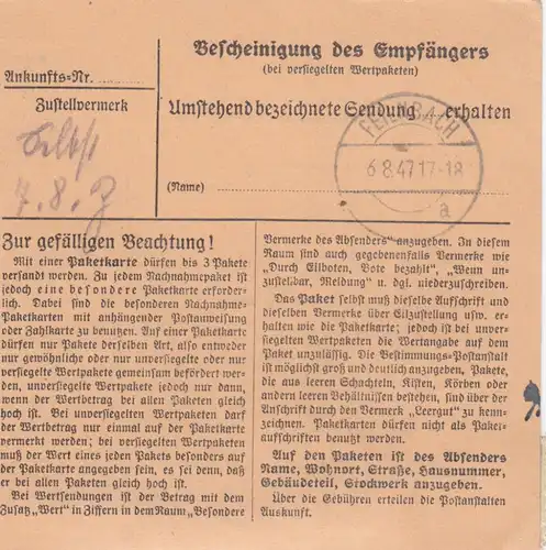 Carte de paquet 1947: Periderburg vers Feilnbach