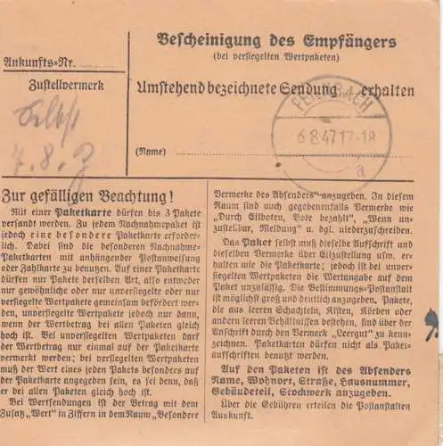 Paketkarte 1947: Roggenburg nach Feilnbach