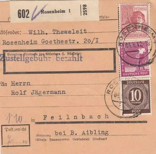 Paketkarte 1947: Rosenheim nach Feilnbach