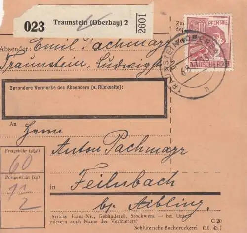 Paketkarte 1947: Traunstein nach Feilnbach