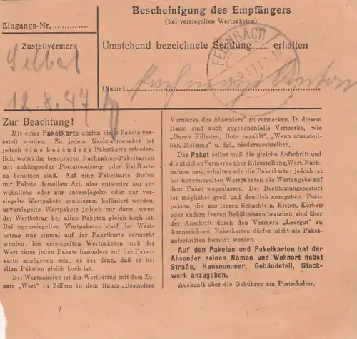 Carte de paquet 1947: Traunstein vers Feilnbach