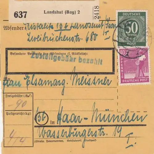 Paketkarte 1948: Landshut nach Haar-München