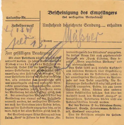 Carte de paquet 1948: Landshut après la pièce de cheveux