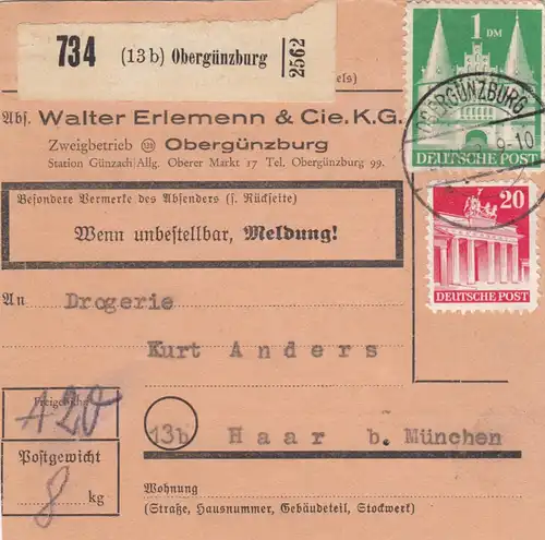Carte de paquet 1948: Obergünzburg vers Haar bei Munich