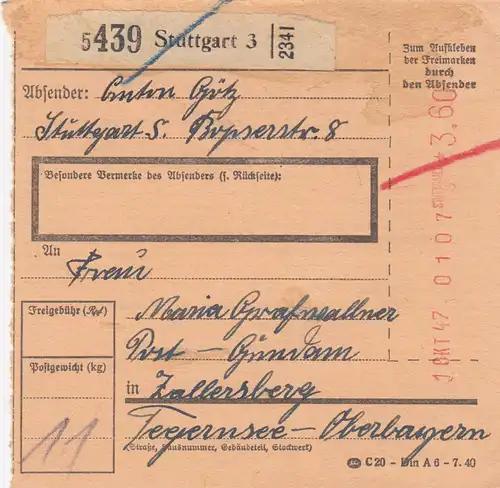 BiZone Paketkarte 1947: Stuttgart nach Zollersberg Tegernsee