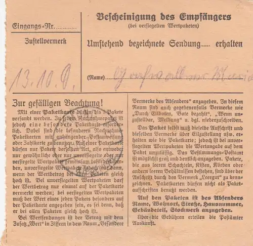 Carte de paquet BiZone 1947: Stuttgart vers Zollersberg Tegernsee