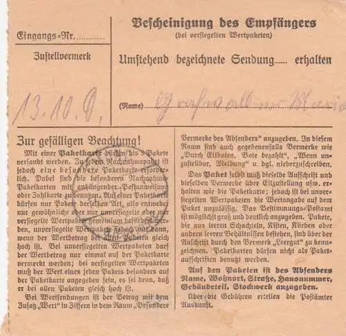 Carte de paquet BiZone 1947: Stuttgart vers Zollersberg Tegernsee