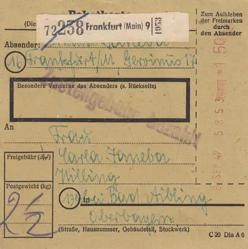 BiZone Paketkarte 1947: Frankfurt nach Bad Aibling