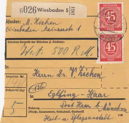 Carte de paquet 1948: Wiesbaden d'après Eglfing-Haar, valeur 500 RM