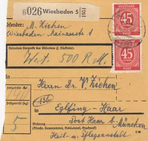 Paketkarte 1948: Wiesbaden nach Eglfing-Haar, Wert 500 RM