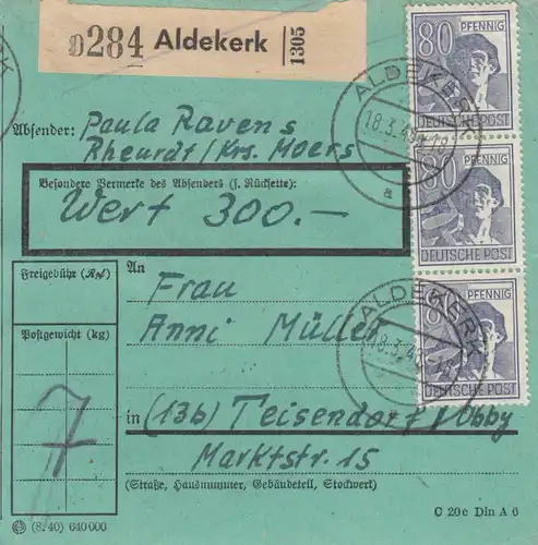 Paketkarte 1948: Aldekerk nach Teisendorf, besond. Formular, Wert